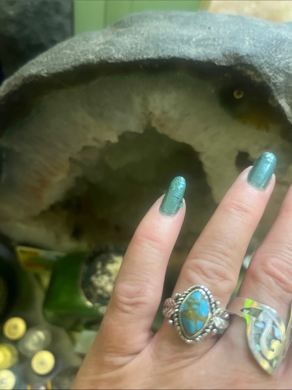 Sterling Silver Turquoise Oval Statement Ring - Blue-Green